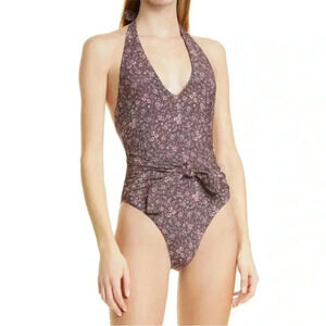 VERONICA BEARD Vickerie High Leg One-Piece Swimsuit Dark Plum Floral $288